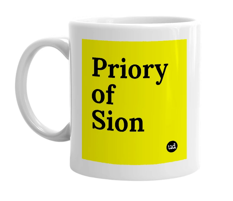 White mug with 'Priory of Sion' in bold black letters