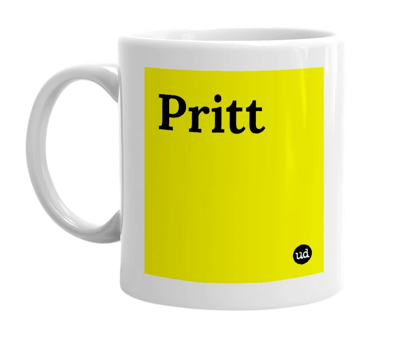 White mug with 'Pritt' in bold black letters