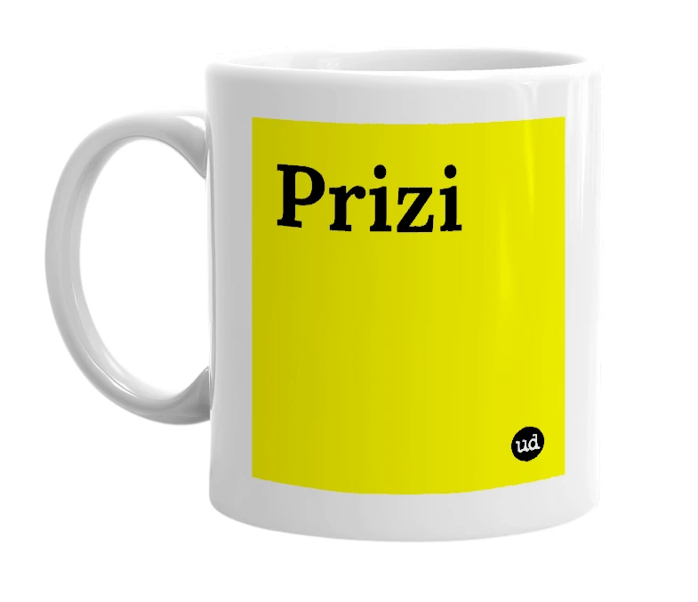 White mug with 'Prizi' in bold black letters