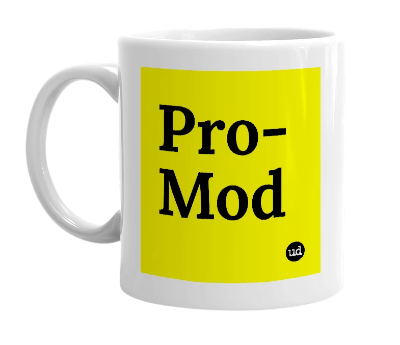 White mug with 'Pro-Mod' in bold black letters