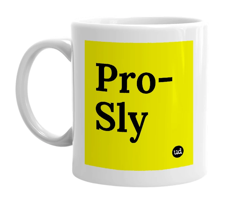 White mug with 'Pro-Sly' in bold black letters