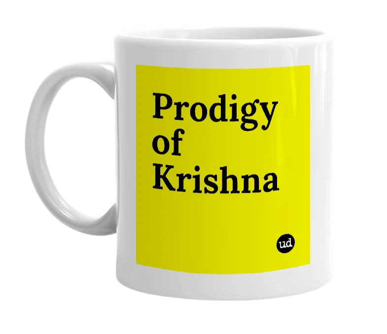 White mug with 'Prodigy of Krishna' in bold black letters