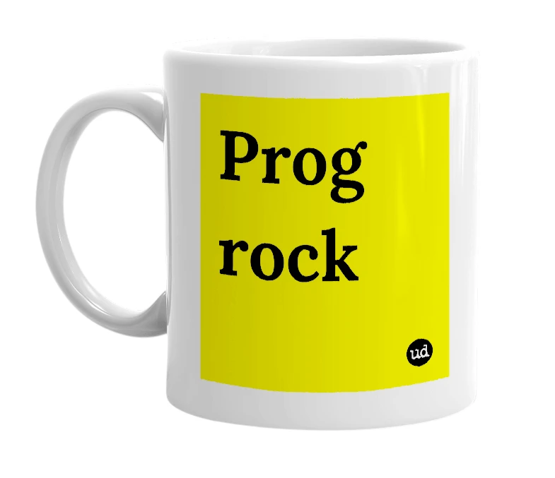 White mug with 'Prog rock' in bold black letters