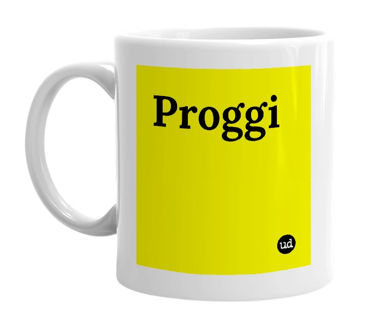 White mug with 'Proggi' in bold black letters