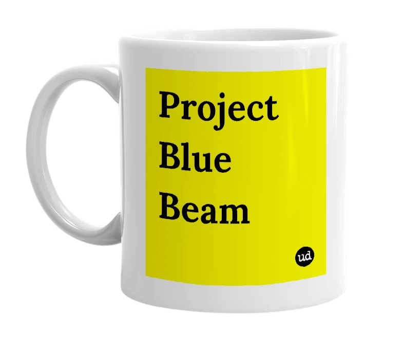 White mug with 'Project Blue Beam' in bold black letters