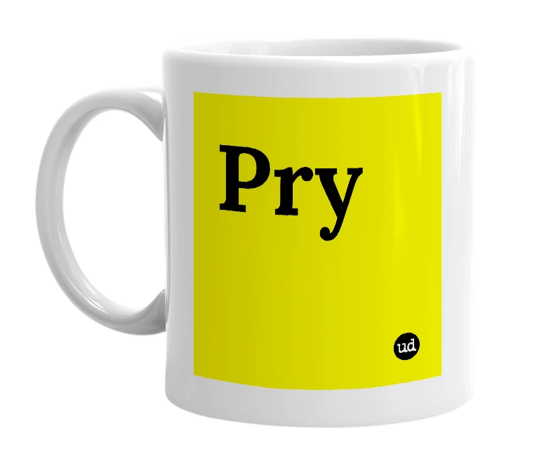 White mug with 'Pry' in bold black letters
