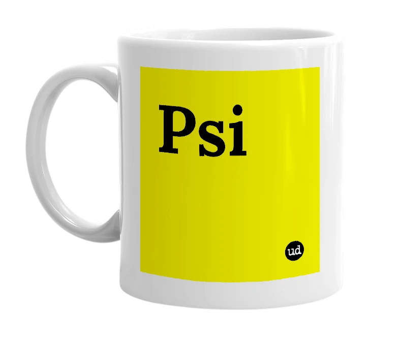 White mug with 'Psi' in bold black letters