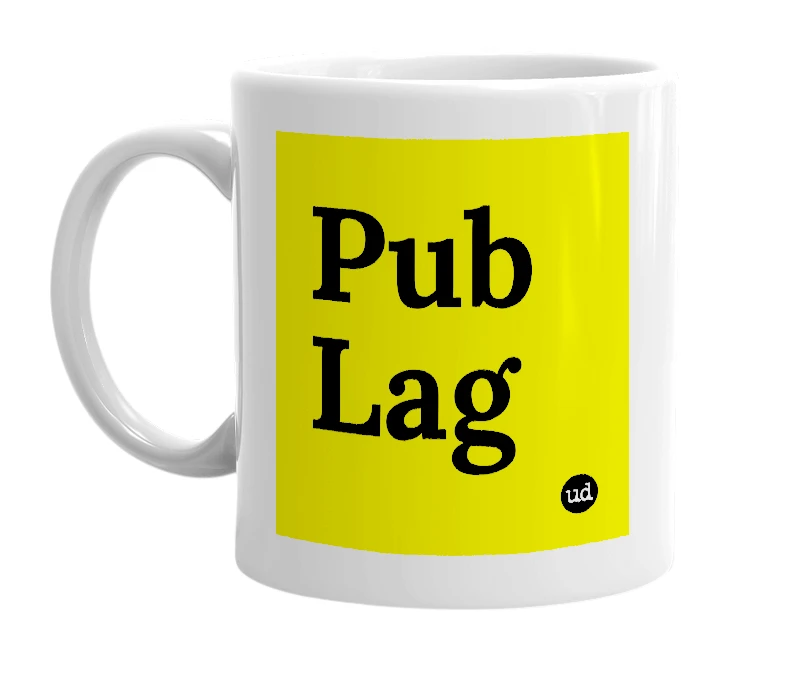 White mug with 'Pub Lag' in bold black letters