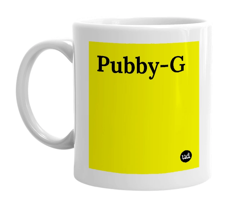 White mug with 'Pubby-G' in bold black letters