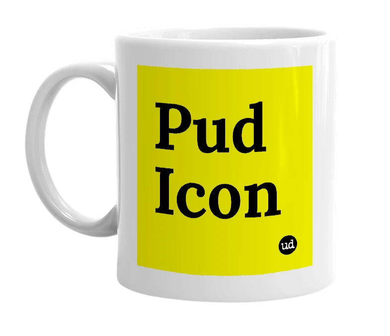 White mug with 'Pud Icon' in bold black letters