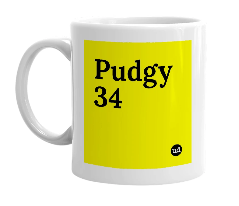White mug with 'Pudgy 34' in bold black letters