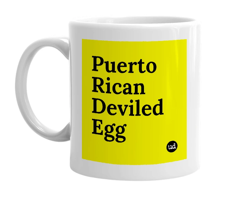 White mug with 'Puerto Rican Deviled Egg' in bold black letters