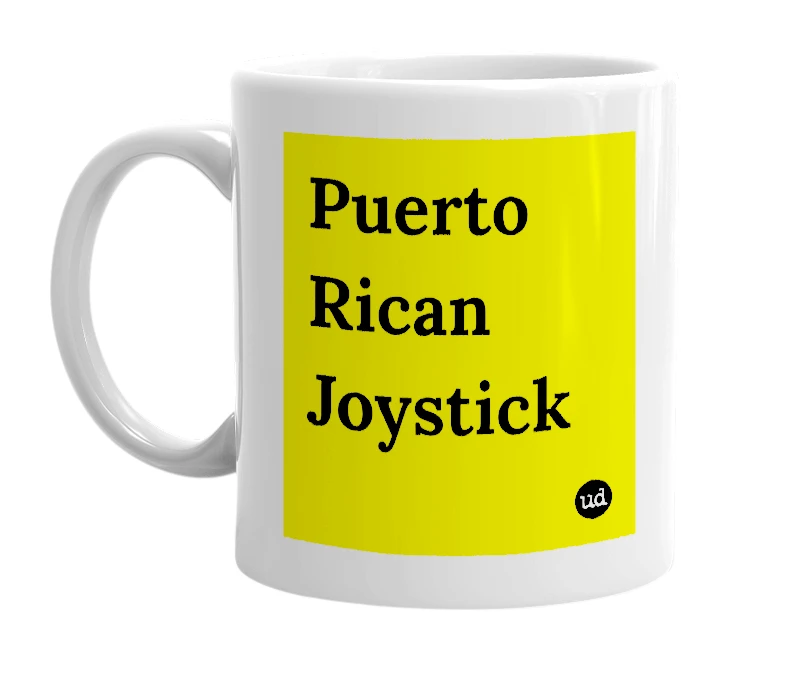 White mug with 'Puerto Rican Joystick' in bold black letters