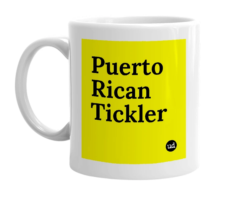White mug with 'Puerto Rican Tickler' in bold black letters