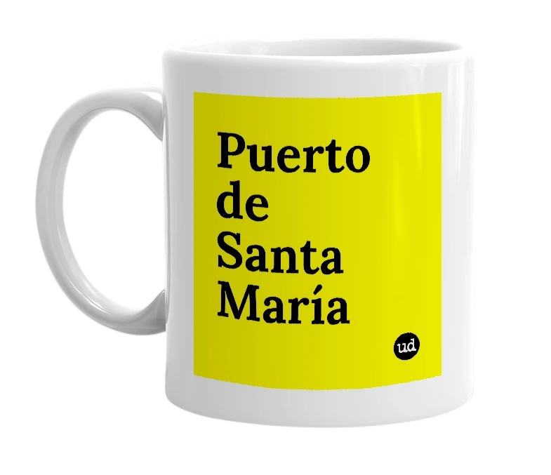 White mug with 'Puerto de Santa María' in bold black letters