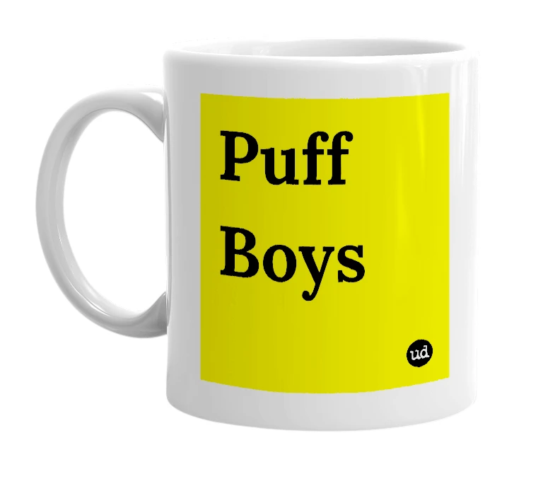 White mug with 'Puff Boys' in bold black letters