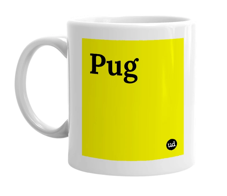 White mug with 'Pug' in bold black letters