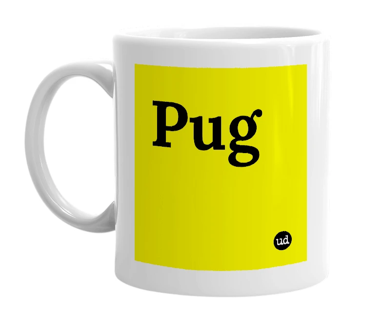 White mug with 'Pug' in bold black letters