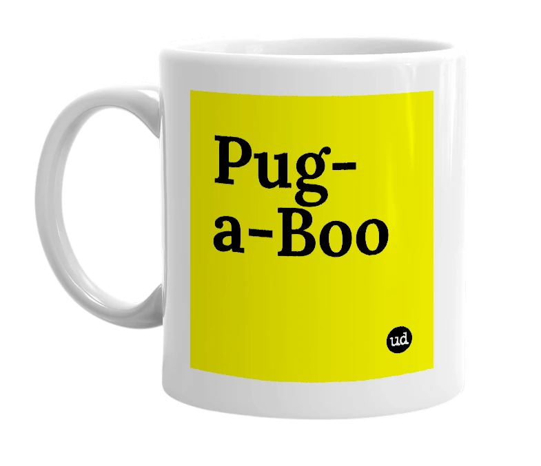 White mug with 'Pug-a-Boo' in bold black letters