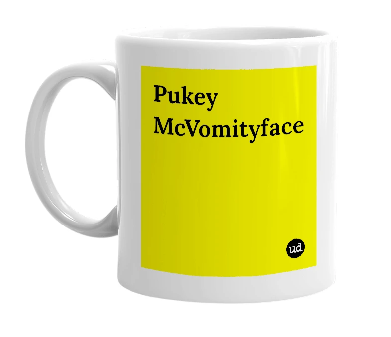 White mug with 'Pukey McVomityface' in bold black letters