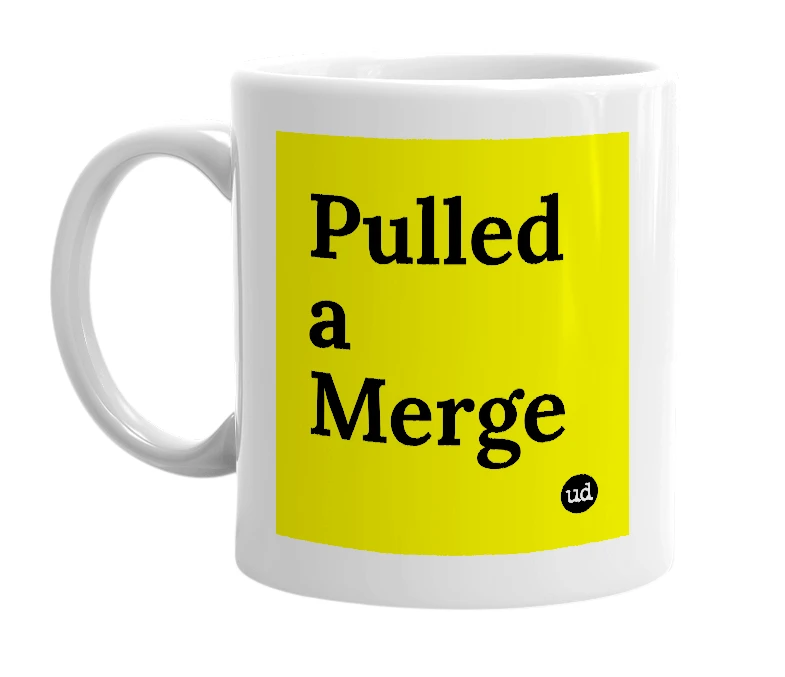 White mug with 'Pulled a Merge' in bold black letters