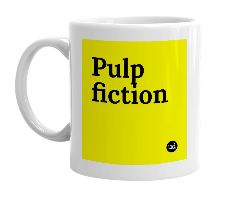 White mug with 'Pulp fiction' in bold black letters