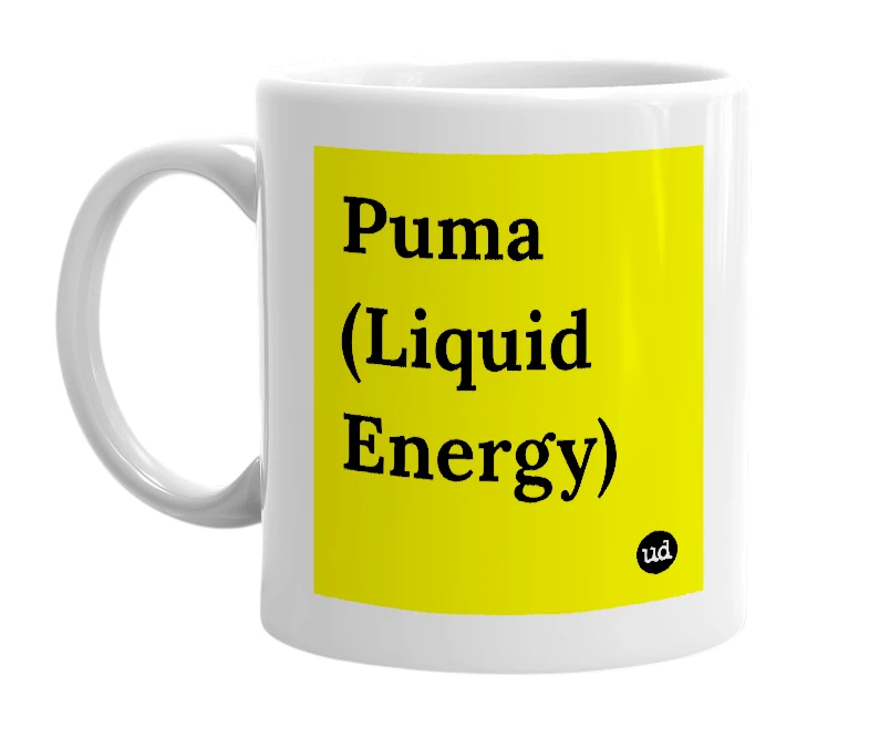 White mug with 'Puma (Liquid Energy)' in bold black letters