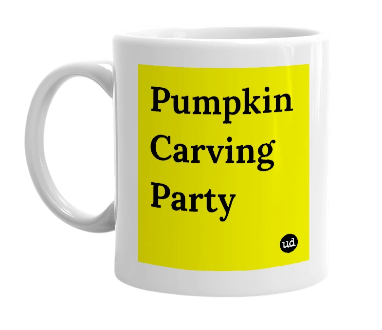 White mug with 'Pumpkin Carving Party' in bold black letters