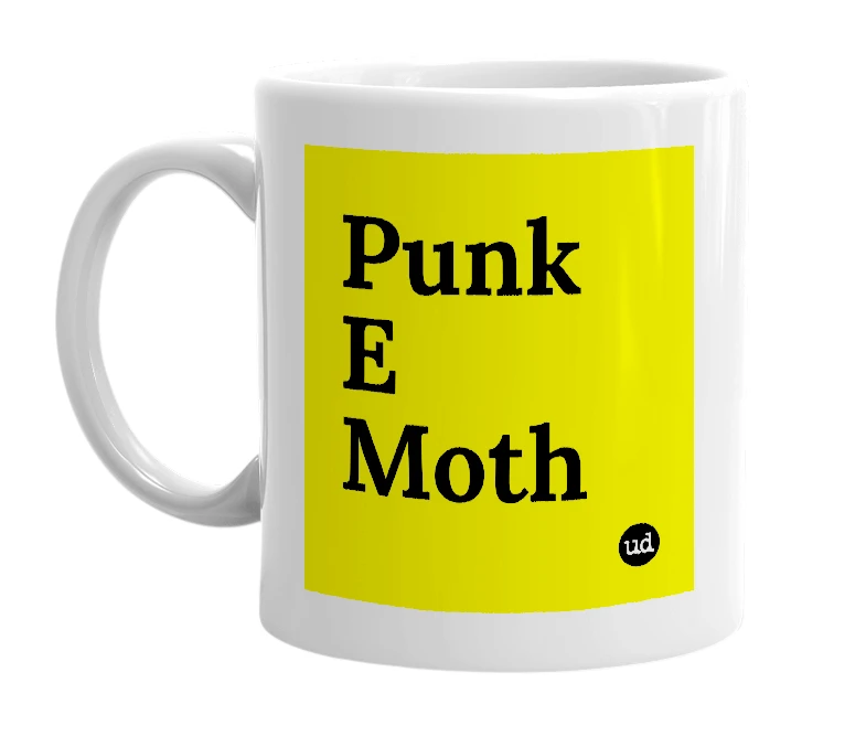 White mug with 'Punk E Moth' in bold black letters