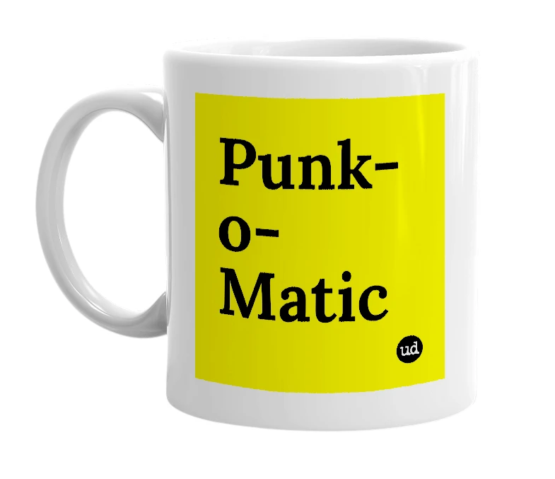 White mug with 'Punk-o-Matic' in bold black letters