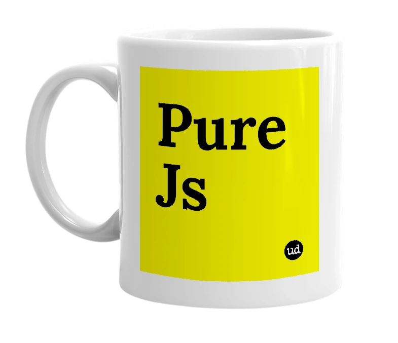 White mug with 'Pure Js' in bold black letters