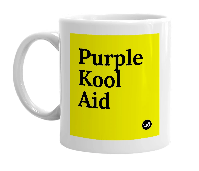 White mug with 'Purple Kool Aid' in bold black letters