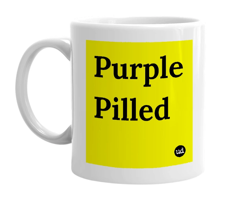 White mug with 'Purple Pilled' in bold black letters