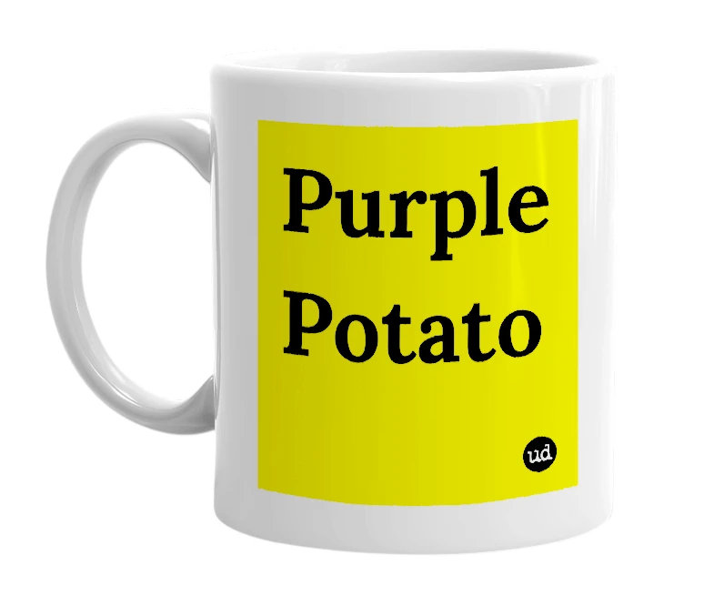 White mug with 'Purple Potato' in bold black letters