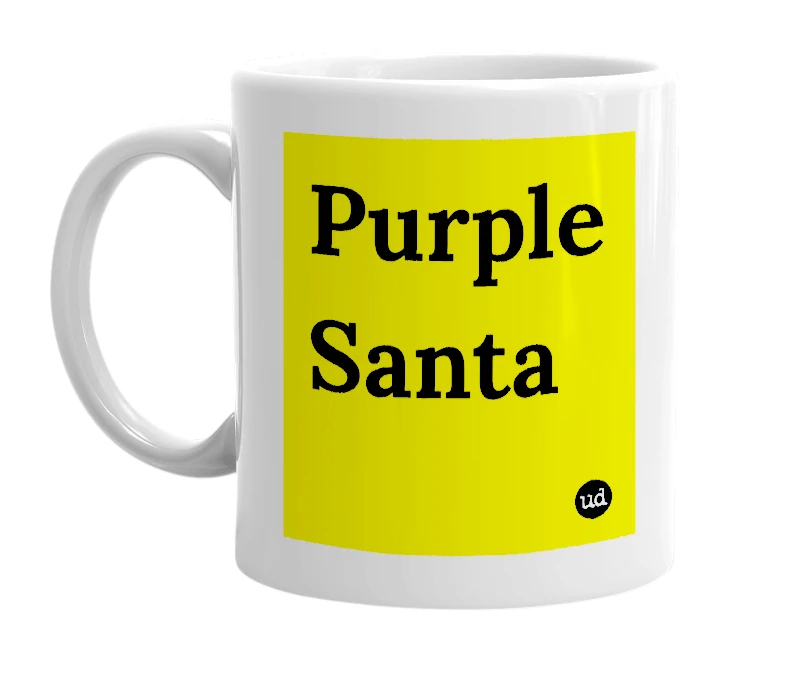 White mug with 'Purple Santa' in bold black letters