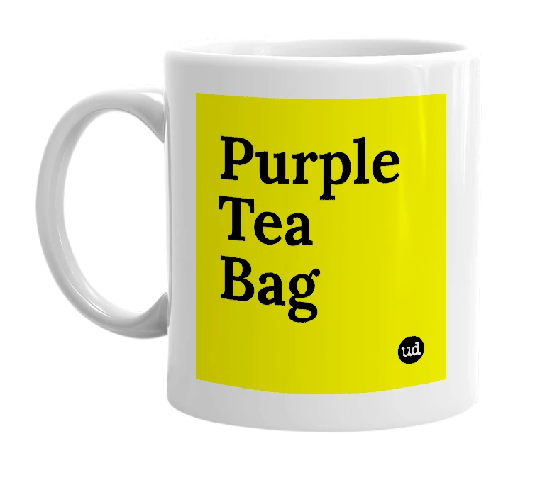 White mug with 'Purple Tea Bag' in bold black letters
