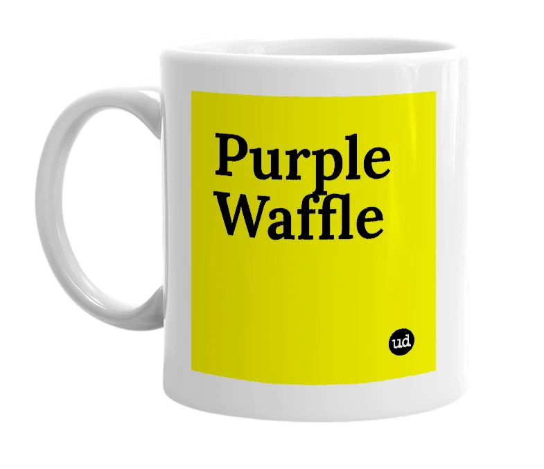 White mug with 'Purple Waffle' in bold black letters