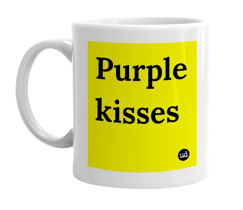 White mug with 'Purple kisses' in bold black letters