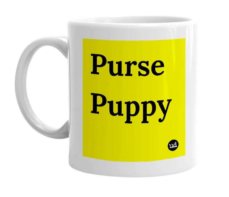 White mug with 'Purse Puppy' in bold black letters