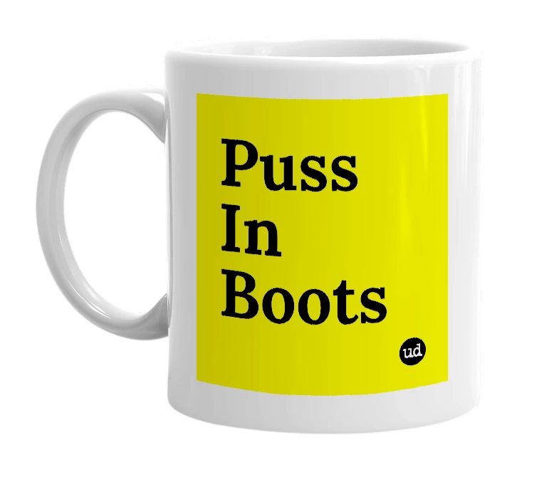 White mug with 'Puss In Boots' in bold black letters