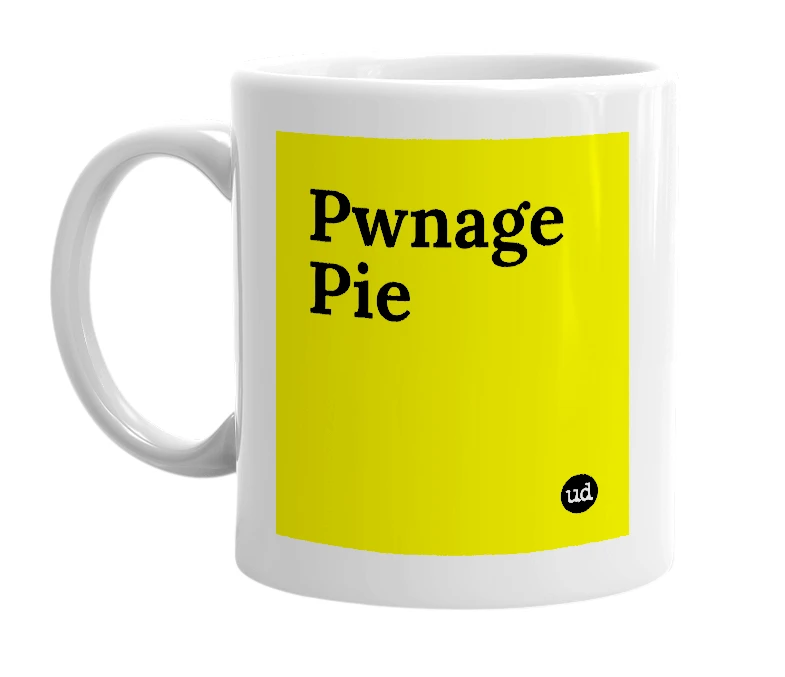 White mug with 'Pwnage Pie' in bold black letters