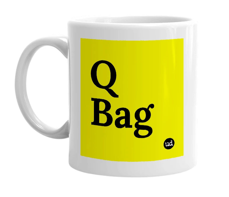 White mug with 'Q Bag' in bold black letters