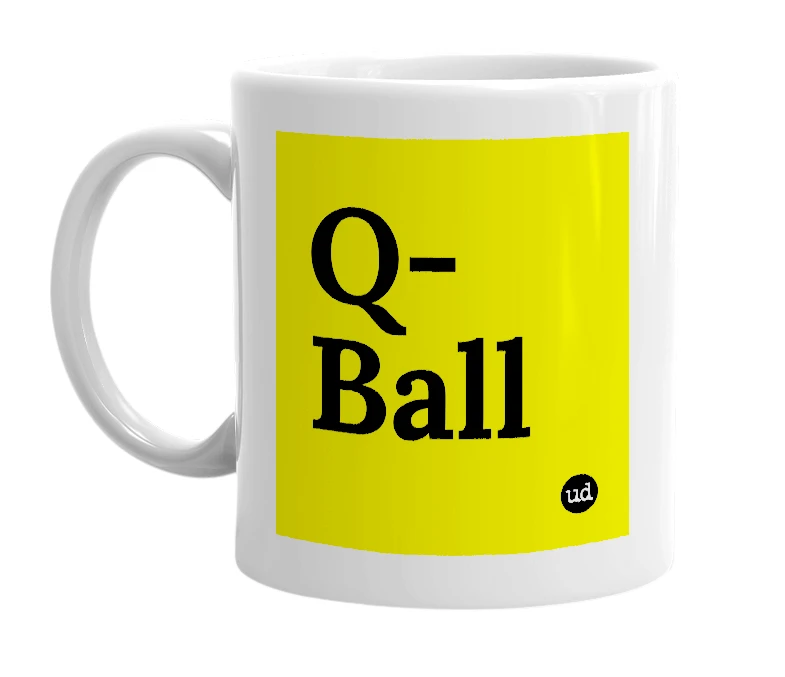 White mug with 'Q-Ball' in bold black letters