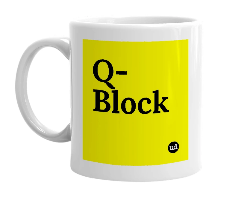 White mug with 'Q-Block' in bold black letters