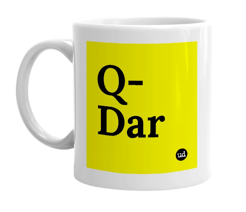 White mug with 'Q-Dar' in bold black letters