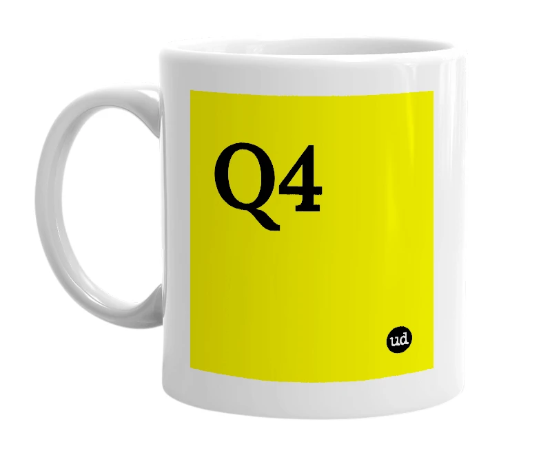 White mug with 'Q4' in bold black letters