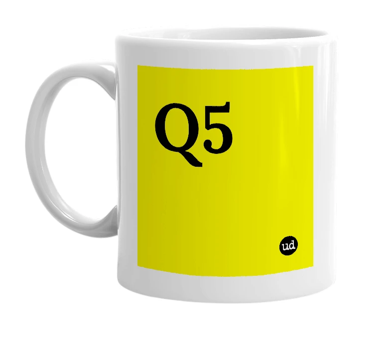 White mug with 'Q5' in bold black letters