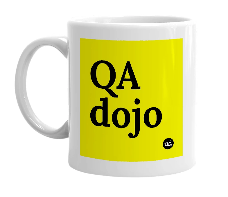 White mug with 'QA dojo' in bold black letters