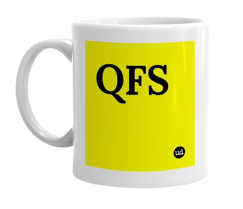 White mug with 'QFS' in bold black letters