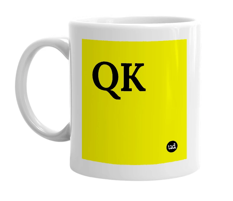 White mug with 'QK' in bold black letters